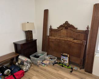 camping gear and solid Oak vintage bed frame, head board 