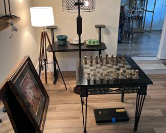 Marble chess table with rare large chess pieces vintage. 