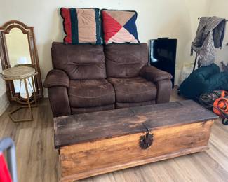 couch and awesome vintage heavy cedar chest with lock