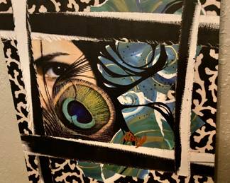 “The Nature of Seeing” by St. Petersburg, Florida mixed media artist Nikki Devereux https://www.nikkidevereux.com/ ink transfer photographic portrait process with paint from original photo, fabric, feathers and organic materials
Size: 13” H x 13” W
