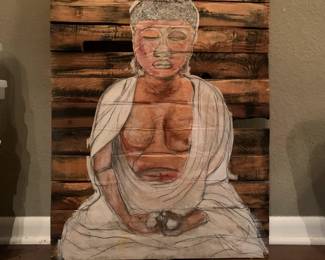 “Buddha” by renowned contemporary artist Markanthony R. Little, Florida artist https://www.ineedmaart.com/ 
wheatpaste, charcoal, and watercolor on wood slat canvas
Size: 38” H x 29” W
Live painted
