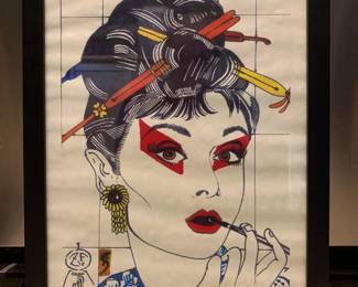Aubrey Hepburn” by Guru of Jap Pop, Brooklyn, New York Artist Zane Fix from 2008 with black finish glass frame https://www.zanefix.com/   Japanese Ukiyo-e woodblock limited edition print portrait with mid century pop art using paint, ink, pen and wax pencil on rice paper, hand signed by the artist
Size: 11” H x 17” W and 12.25” H x 18.25” W with black finish glass frame
Portrait of the iconic actress as an Ukiyo-e geisha with an East meets West modern interpretation of traditional woodblock print portrait