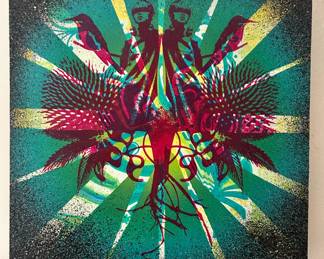 “See No Evil, Only the Blossoming of Our Nature” by renowned Florida multimedia artist, designer and muralist Chad Mize. Acrylic screen print and spray paint on wood canvas from 2007
Size: 12” H x 12” W
