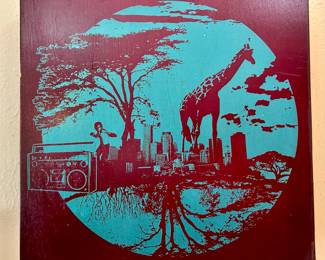 “Urban Jungle” by renowned Florida multimedia artist, designer and muralist Chad Mize. Acrylic screen print on wood canvas from 2007
Size: 12” H x 12” W
