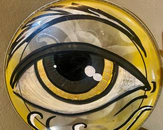 “Eye of the Drumhead” by NC artist/musician/designer Mike Bowen  https://mycobowen.com/ Acrylic paint on drumhead
Size: 21” diameter
