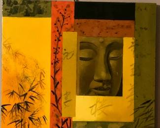 Colorful Buddha. Watercolor with protective finish on solid wood frame
Size: 23.5” H x 23.5” W
