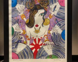 “DJ Goddess” by Guru of Jap Pop, Brooklyn, New York Artist Zane Fix from 2006 with black finish glass frame https://www.zanefix.com/ Japanese Ukiyo-e woodblock limited edition print portrait with mid century pop art using paint, ink, pen and wax pencil on rice paper, hand signed by the artist
Size: 11” H x 17” W and 12.25” H x 18.25” W with black finish glass frame
Homage to female DJs with an East meets West modern interpretation of traditional woodblock print portrait
