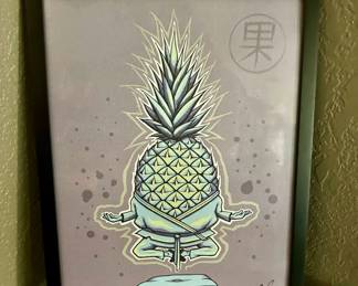 “Poised Pineapple” by Artist Duo Goofy Froot https://goofyfroot.com/ Limited edition print hand signed by artists from 2016
Size: 13.5” H x 10.5” W and 15” H x 12” W with black finish glass frame
Goofy Fruit is a comics project with Mike Grossman and Max Travers that features giant fruit characters
