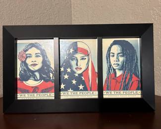 “We The People” Postcard Print Series by Obey Giant Series created in 2017 to champion an appreciation for ethnic, cultural, and religious diversity because the people are all people. We the People are coming together under a new symbol of hope — one that reminds us that OUR America is one of equal humanity, and does not demean or discriminate.
Size: 8” H x 14” W containing 3 postcards with black finish glass frame
