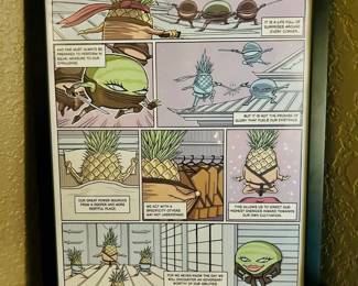 “Warrior Energy” by Artist Duo Goofy Froot https://goofyfroot.com/  Limited edition print from 2016
Size: 13.5” H x 10.5” W and 15” H x 12” W with black finish glass frame
Goofy Fruit is a comics project with Mike Grossman and Max Travers that features giant fruit characters with uplifting messages
