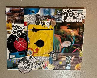 “Follow the Flow of the Music” by YST (the art moniker of Krystina Steffen) Mixed media collage with magazine clippings, specialty paper, bottlecap, stickers and other found objects on canvas stretched over and stapled to a solid wood professional frame constructed with kiln-dried stretcher bars
Bonus: art can be hung on any side as there are treasures to find at every angle
Size: 16” H x 20” W
