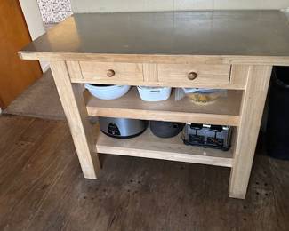 butcher block large table with. stainless top