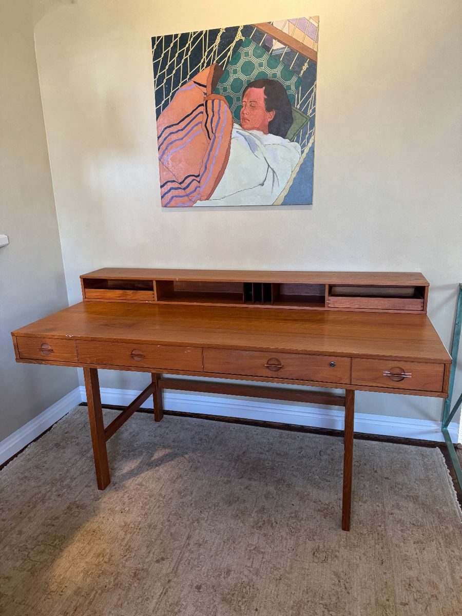 Danish Peter Løvig Nielsen Convertible 4 Drawer Teak Writing Executive Desk (Folded- 64"W x 29"D x 34"H, Unfolded- 64"W x 38"D x 29"H) & Original Oil on Canvas by Leslie Dunlap (30"W x 30"H)
