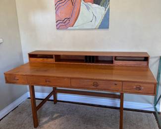 Danish Peter Løvig Nielsen Convertible 4 Drawer Teak Writing Executive Desk (Folded- 64"W x 29"D x 34"H, Unfolded- 64"W x 38"D x 29"H) & Original Oil on Canvas by Leslie Dunlap (30"W x 30"H)