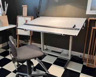 Capri Drafting Table / Fully Articulating & Angle With Attached Straight Edge Mayline (36"D x 48"W & Adjustable Height) & Stacor Adjustable Studio Chair
