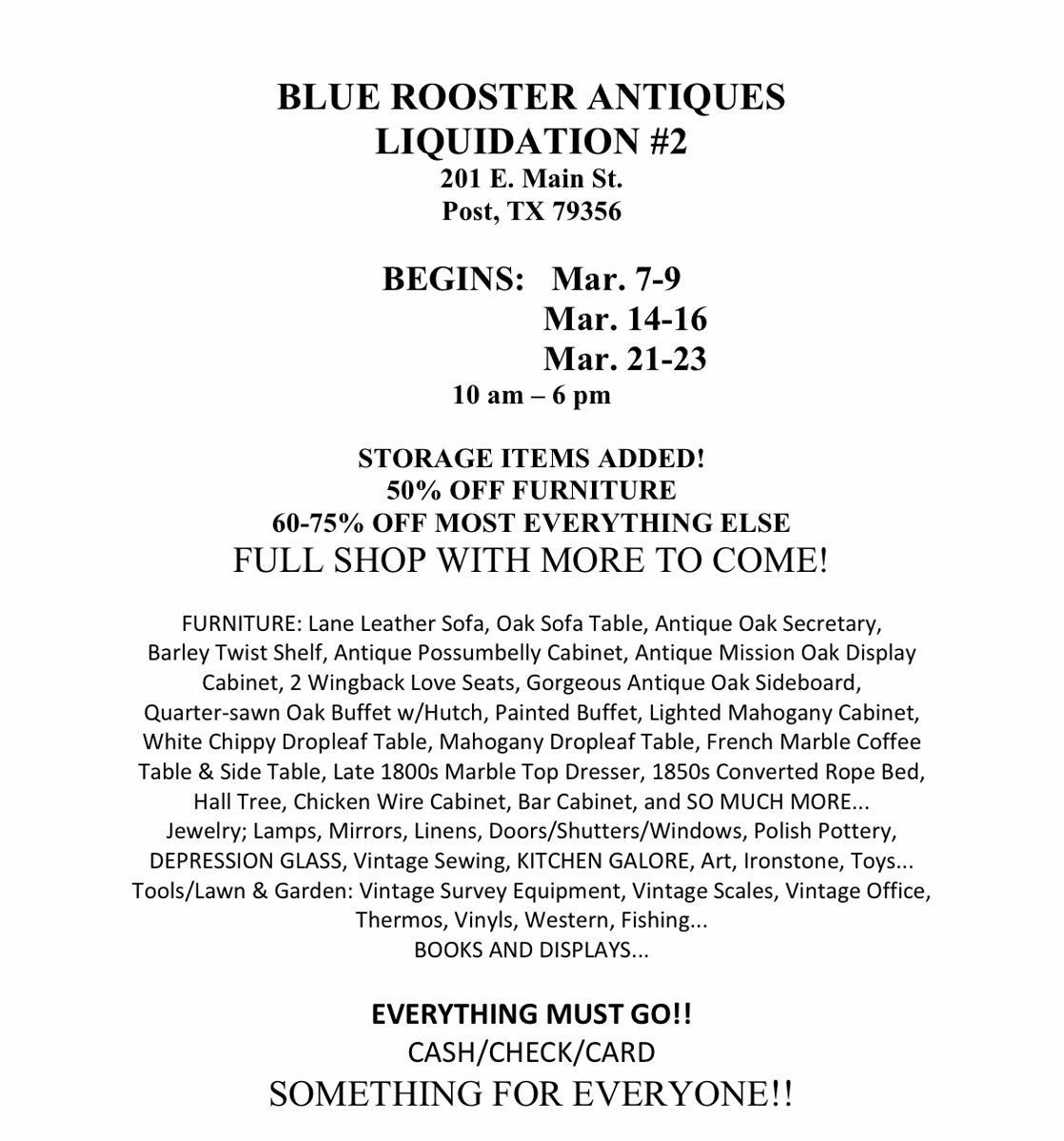 Liquidation sale 2 blue rooster antiques post starts on 3 7 2024