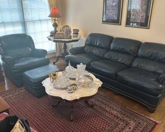 Hancock and Moore Navy Leather Sofa, Chair and Ottoman