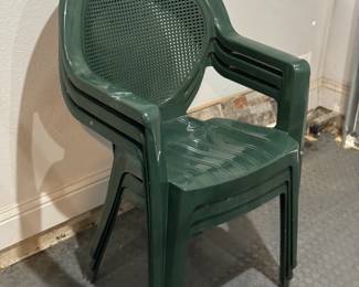 Plastic Chairs with Green Pattern Cushions