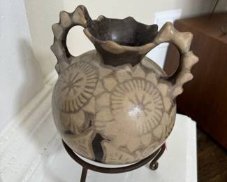 Rounded Pottery Urn on Metal Stand