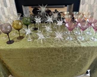 Two’s Company crystal starburst candleholders, ultra cute martini glasses 