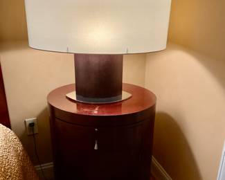 - Barbara Barry Baker Mahogany Bedside Table.                           - 1950's Vintage Gigantic Custom Modern Luxury Lacquered Wood Lamp