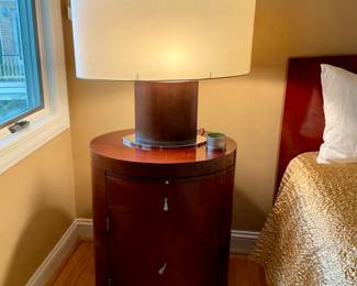 -Barbara Barry Baker Mahogany Bedside Table.                            - 1950's Vintage Gigantic Custom Modern Luxury Lacquered Wood Lamp.