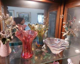 SOME IRREDESCENT "GLASS EYE" ART GLASS..ALL METAL FLOWER  IN VASES  THAT ARE 1986 " THE IMPERIAL PALACE BOUQUET HOUSE OF IGOR CARL FABERGE