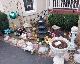 CEMENT FLOWER POT AND A CHINESE PAGODA,AND OUTDOOR DECOR