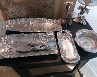 SEVERAL PIECES OF VINTAGE ALUMINUM SERVING PIECES BY SIGNED ARTIST " ARTHUR COURT"..LOTS OF THEM HAVE BUNNIES ON THEM TOO