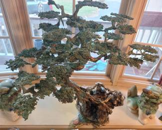 1970s BORJA STUDIOS-- MANGANESE & BRONZE BONZAI TREE WITH AMETHST CRYSTAL GEODE
