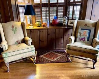 Art Glass and Pair Wingback Chairs