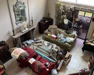 Currey & Co glass gilt coffee table, (2) custom comfy Ethan Allen Chairs, Stiffel brass lamps, antique chests, custom made faux plant & much more!