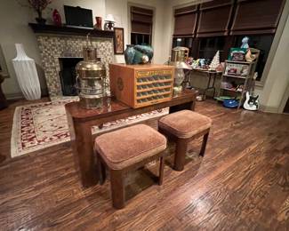 Beautiful entryway or sofa back table made of Burlewood… Do you also have two matching side tables for the set as well as the two stools that nest underneath