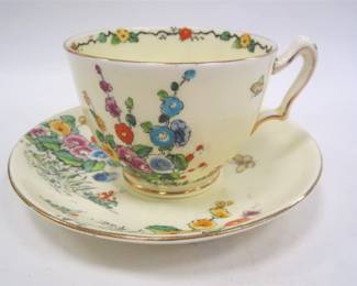  CROWN STAFFORDSHIRE HOLLYHOCK COFFEE CUP AND SAUCER.  ca 1930s