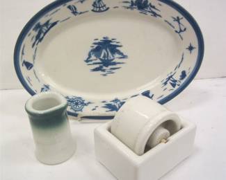 SYRACUSE CHINA RARE NAUTICAL THEME SMALL PLATTER,  CARBIDE CHINA INDIVIDUAL CREAMER, HAS SMALL CHIP ON UNDER BASE,  CARLSTADT MOISTURIZER FOR APPLYING PAPER TAPE 