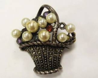 STERLING SILVER BASKET PIN.   Missing one stone