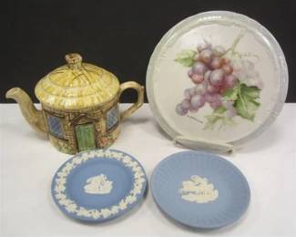 STAFFORDSHIRE CROFT COTTAGE WARE TEAPOT, TWO SMALL WEDGWOOD PLATES
