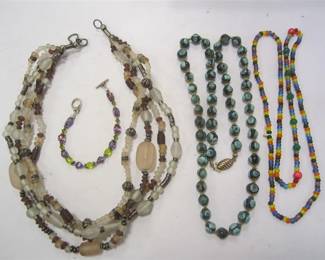 THREE GLASS BEAD NECKLACES