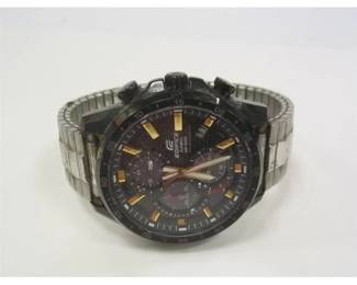 A EDIFICE CASIO WR100M WATCH.  RUNNING. 
scratches on crystal, wear on edge of face frame