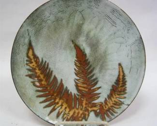  1980 ENAMELED COPPER PLATE WITH FERNS, SIGNED LOIS