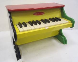  CHILD SIZE WOOD TOY PIANO BY MELISSA & DOUG.  16" WIDE.  EVERYTHING WORK SURFACE CRATCHES FROM TOY USE
