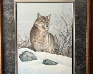 Framed print "Just Looking - Grey Wolf" numbered and signed by Eileen Melton