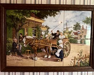 Framed hand painted tile tableau signed by JC van Hunnik