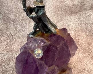 Small purple geode with pewter wizard