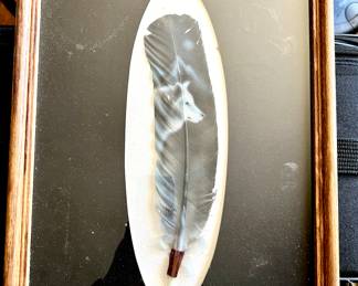 Framed hand painted feather signed by Cherokee artist Russell Ray Abbott III