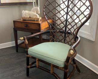 Rattan Chair, Balloon back, campaign style end table