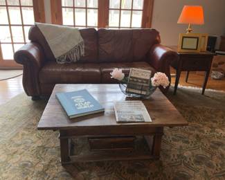 Leather Sofa, Primitive Coffee table 