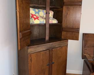 Primitive,  cabinet, quilts 