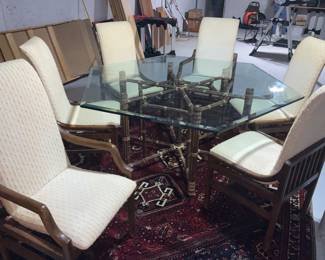 Henredon, Vintage Scene One, Campaign Style Chairs, Midcentury Modern, Rattan Octagonal Table with Glass 