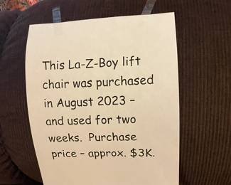 NEW Lazy-boy lift chair (with remote and heat). Purchased recently, hardly used.
